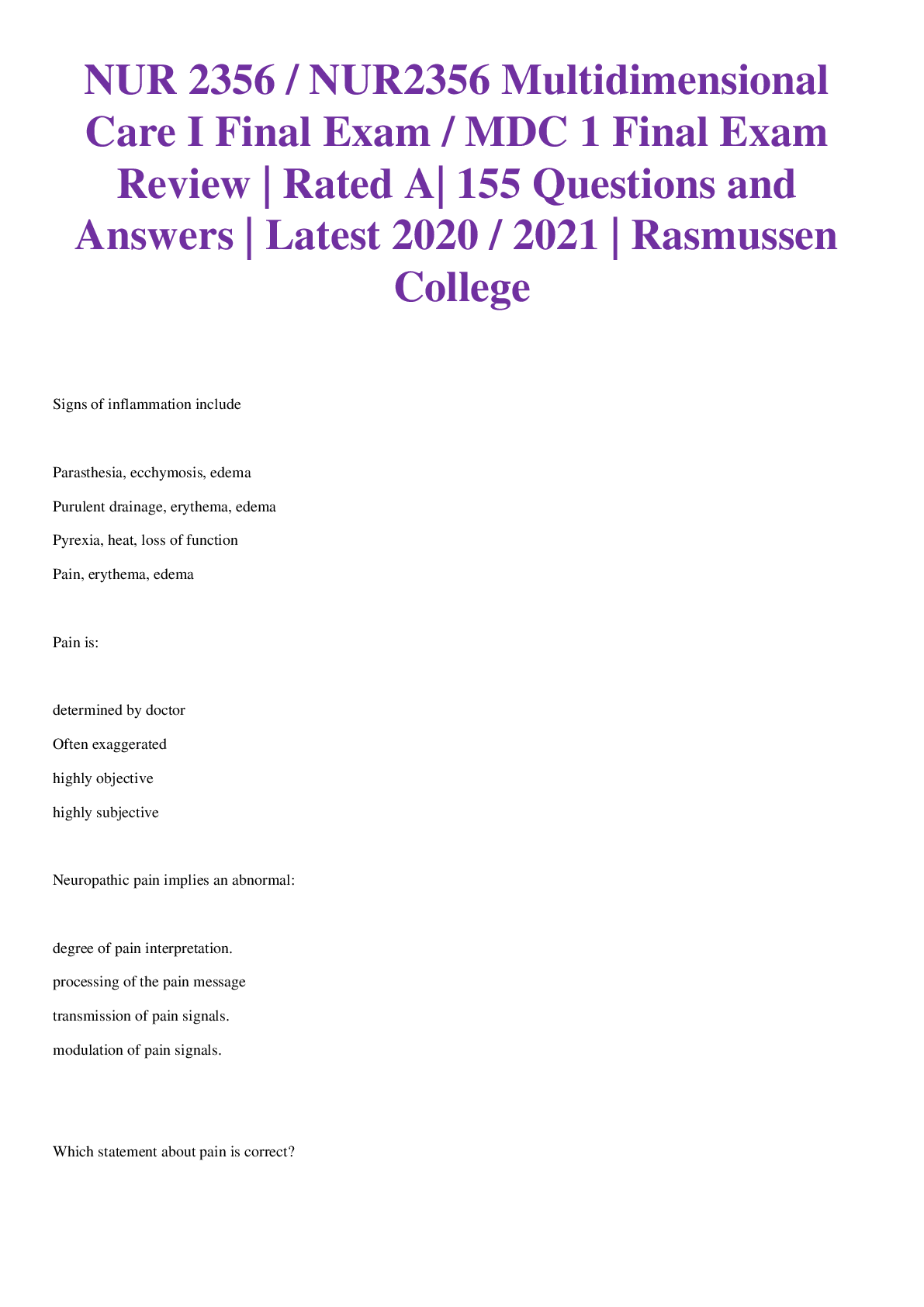 NUR 2356 / NUR2356 Multidimensional Care I Final Exam / MDC 1 Final Exam Review | Rated A| 155 Questions and Answers | Latest 2020 / 2021 | Rasmussen College